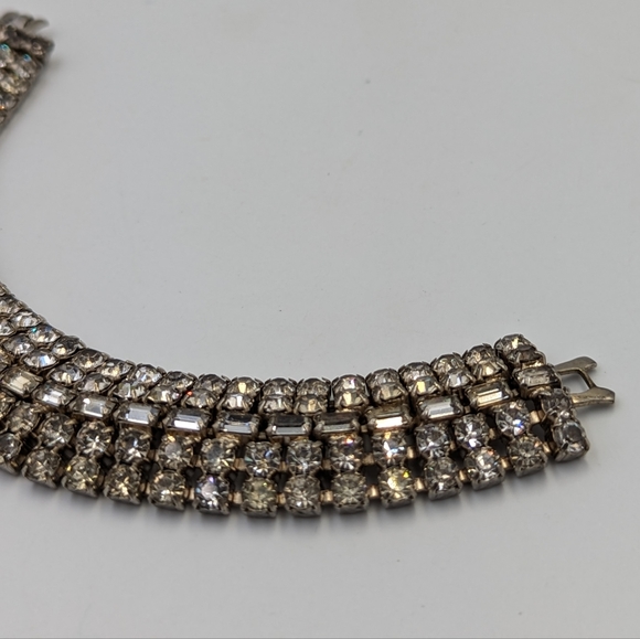 Sparkling Vintage Five Rows Clear Rhinestones Silver Tone Tennis Bracelet - Picture 10 of 15
